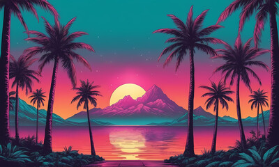 retrowave sunset background with lake, mountains and palm trees