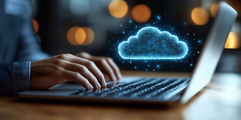 person typing on a laptop, surrounded by a cloud technology interface, symbolizing digital innovation, connectivity, and the use of cloud computing for efficient business or personal tasks