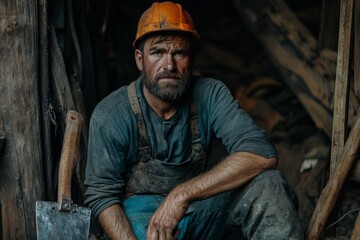 An experienced miner in overalls, holding an axe, sits in a dim, earthy setting, epitomizing resilience and the timeless toil of manual labor.