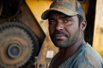 A rugged worker poses amidst a dusty, industrial setting, with robust machinery in the background, capturing the essence of toil, strength, and perseverance.