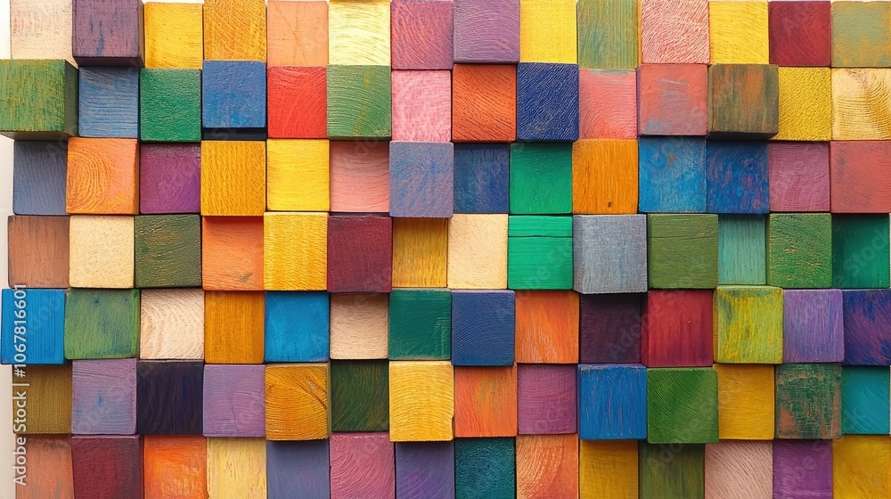 Poster colorful arrangement of wooden blocks forming a grid, with each block in a different bright color, e