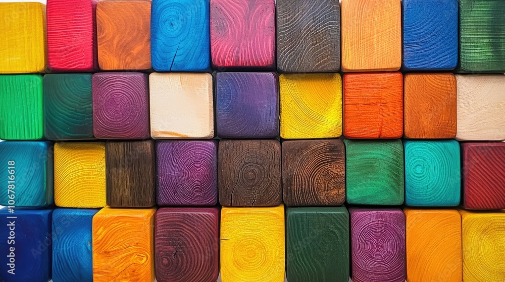 Poster colorful arrangement of wooden blocks forming a grid, with each block in a different bright color, e