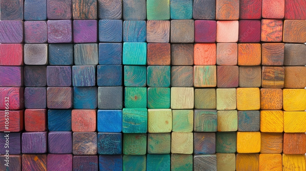Poster colorful arrangement of wooden blocks forming a grid, with each block in a different bright color, e