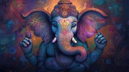 Obraz premium Colorful mural of Lord Ganesha with traditional patterns, his trunk curled and eyes closed in peaceful meditation