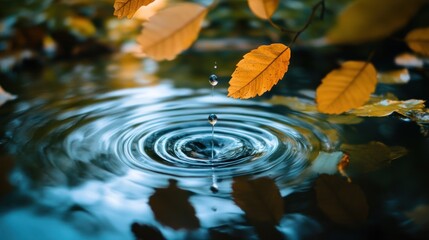 Water Drop Ripples with Autumn Leaves