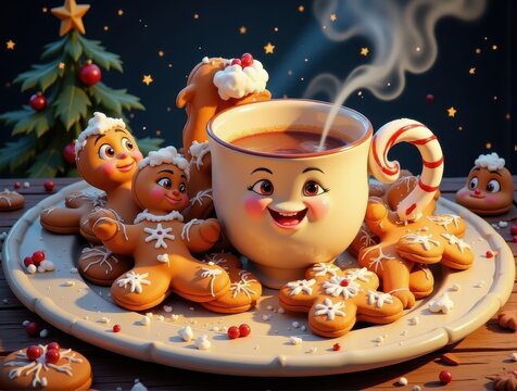 Whimsical Christmas Treats Come Alive: Playful Cartoon Illustration of Dancing Gingerbread Cookies and Cheerful Hot Chocolate Mug. Magical Holiday Scene with Vibrant Colors and Festive Details 