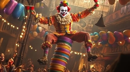 A colorful clown performing at a lively party with balloons.