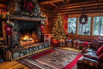 Many Christmas gift boxes arranged by a fireplace in a cozy log cabin interior.