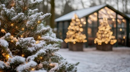 Snow-Covered Pine Branch with Christmas Lights and Blurred Background of Decorated Trees