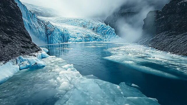 Majestic glacier with icy blue water surrounded by rugged mountains and mist, depicting a serene yet powerful Arctic landscape