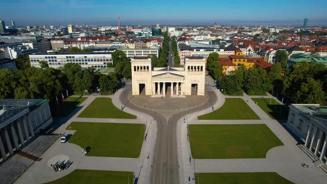Beautiful aerial footage The Propylaea is a city gate in Munich at the west side of K&ouml;nigsplatz.