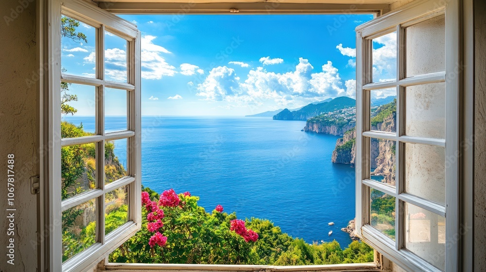 Poster coastal view through a window