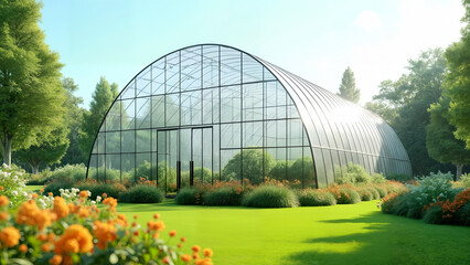 Obraz premium A Hyper-Realistic Representation of a Modern Greenhouse with Reflective Foil and Two Prominent Arches from a Low Perspective