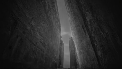 generative ai, Dark, dramatic black-and-white architectural photograph of towering concrete walls with minimal light and sharp geometric contrasts