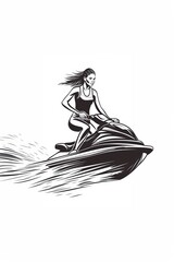 Artistic illustration of jetski in water. Flat vector. Summer tropical sports.