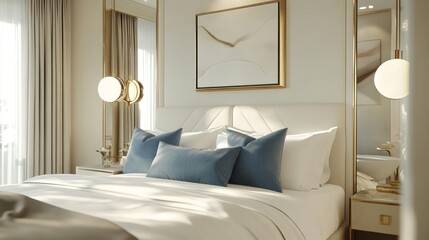 Luxurious bedroom with large bed, white bedding, and golden accents