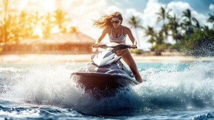 Jetski in water. Summer tropical sports.