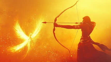 Modern Happy Dussehra poster with bow and arrow in gold with Ravana defeated shadow in the background; festive greeting message overlay