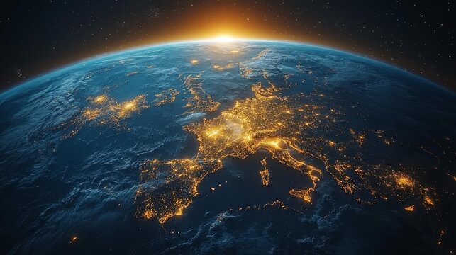 Earth from Space at Sunrise with City Lights. Generative AI