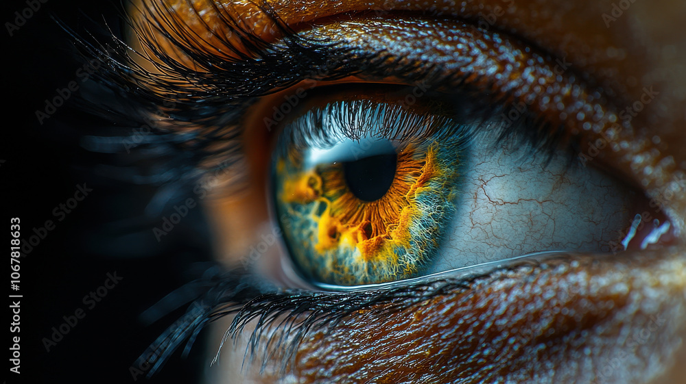Poster close up of vibrant eye showcasing intricate patterns and colors