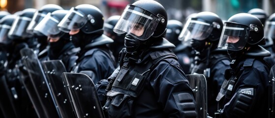 Uniformed riot police stand in formation, holding shields, prepared for a demonstration, embodying authority and preparedness.