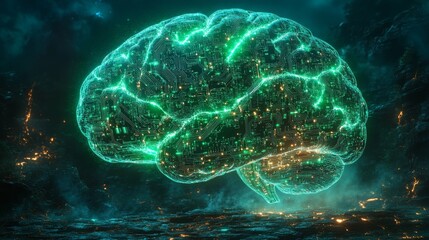 Circuit-formed brain silhouette glowing against a dark backdrop with luminous elements