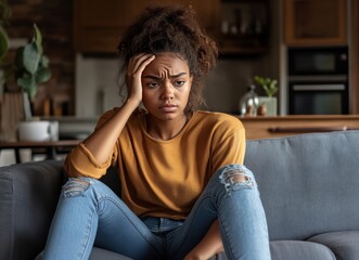 Obraz premium A young woman sits on her sofa with a distressed expression in a cozy living room setting wearing casual clothing Her hand rests on her head as she contemplates with worry and tension