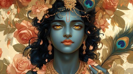 Lord Krishna with Peacock Feather and Roses Artistic Portrait. Generative AI