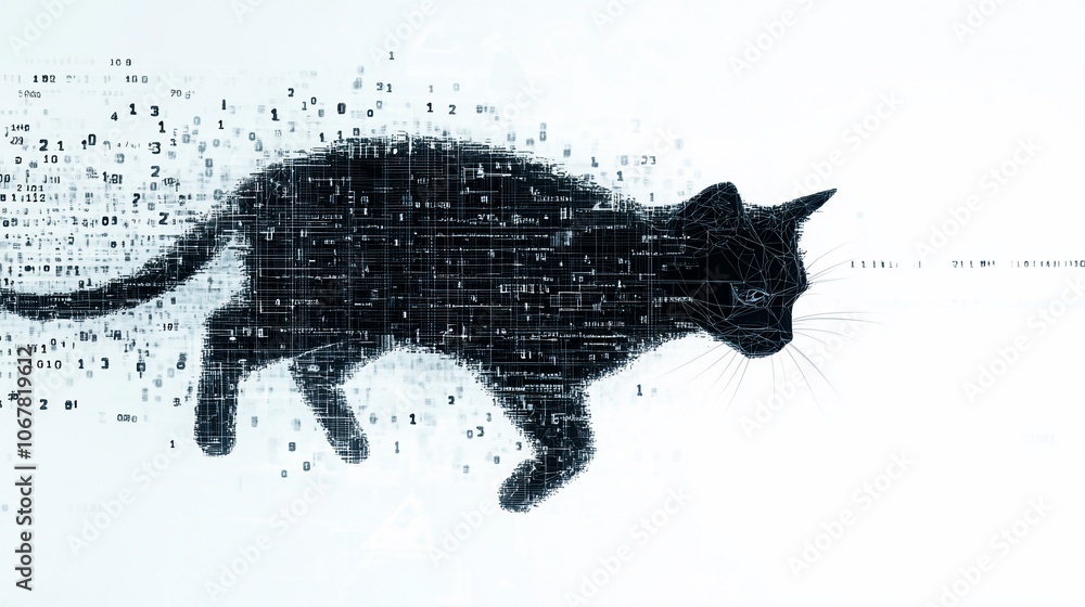 Aufkleber a black cat silhouette made of code, with digital particles trailing behind it.