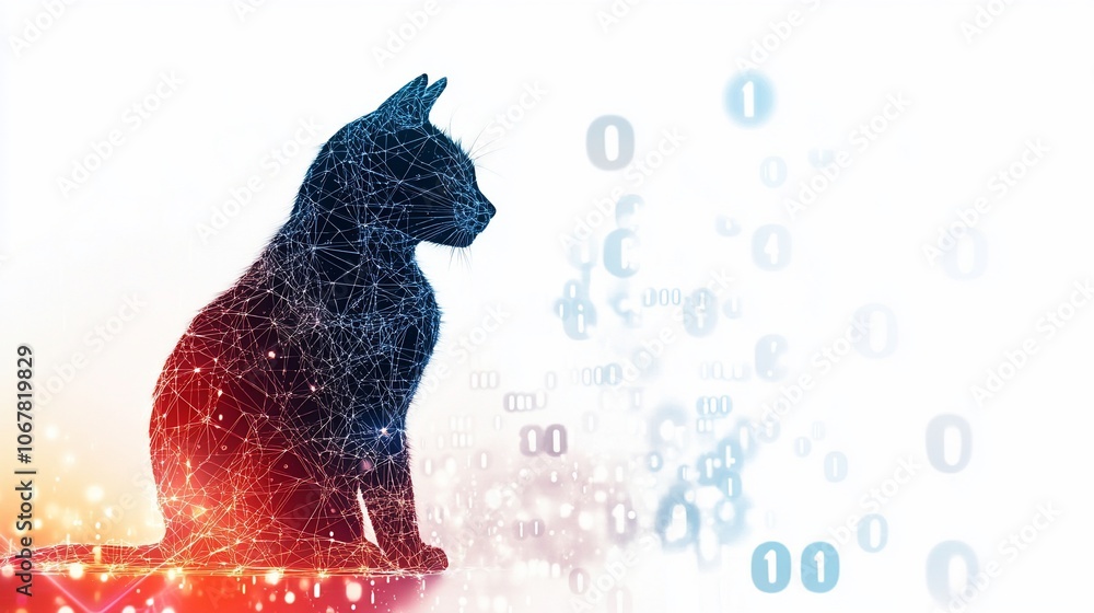 Aufkleber a stylized black cat with glowing geometric lines, surrounded by binary code, against a colorful bac