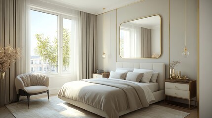 Obraz premium Modern Bedroom with Beige Decor, Golden Accents, and Window Views