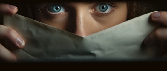 Intense eyes peek anxiously over an envelope being opened, capturing a haunting mix of suspense and curiosity.