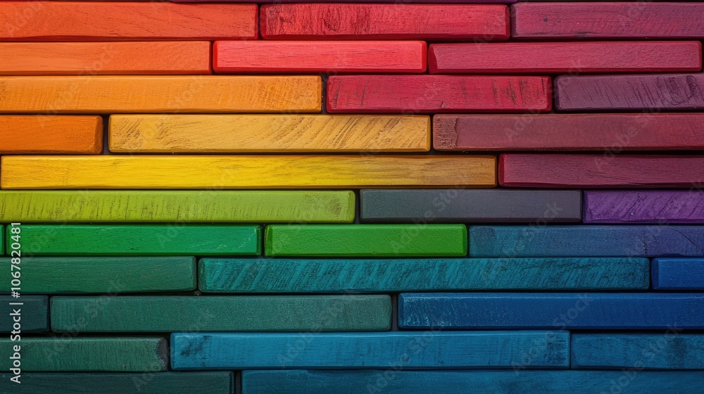 Poster Stack of rainbow-colored wooden blocks in neat rows, creating an eye-catching and cheerful background