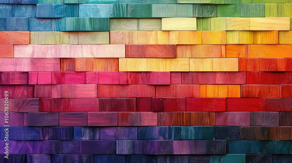 Poster Stack of rainbow-colored wooden blocks in neat rows, creating an eye-catching and cheerful background