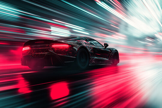 motion blur digital illustration of an exotic sports car, driving through cyberpunk neon-lit streets, sense of speed, epic
