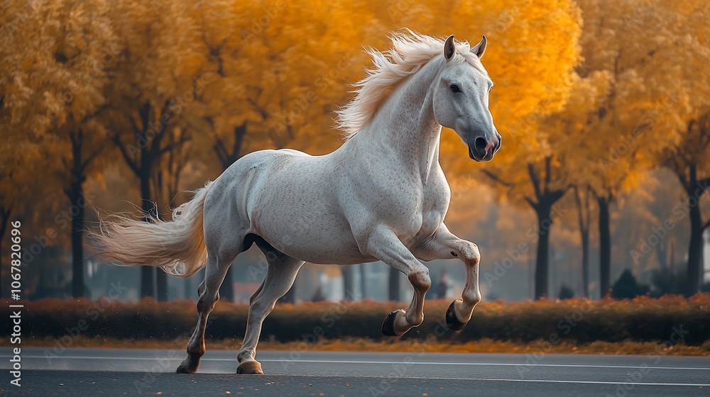 Poster a white horse with flowing mane runs through a field of yellow trees with a blurred background.