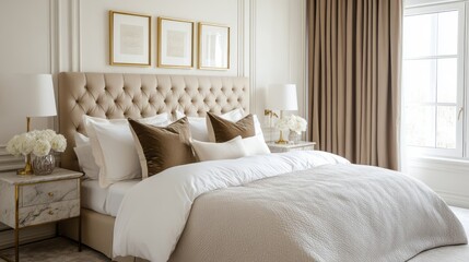White and Beige Bedroom with a Tufted Headboard and Gold Accents