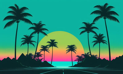 Synthwave background with palm trees and a sunset, featuring the highway road with neon lights towards the sun