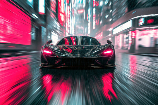 motion blur digital illustration of an exotic sports car, driving through cyberpunk neon-lit streets, sense of speed, epic