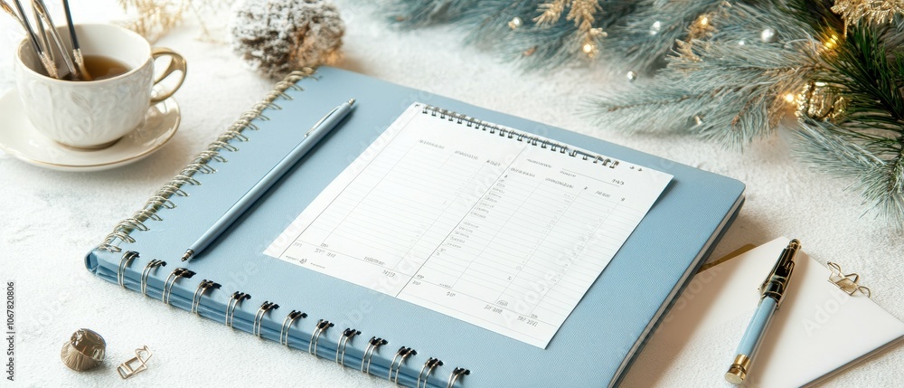 Poster create a stylish desk setup featuring a planner and minimal decorations for productivity