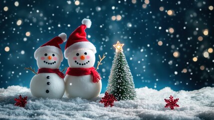 Fototapeta premium Cute snowman. Winter holiday theme.