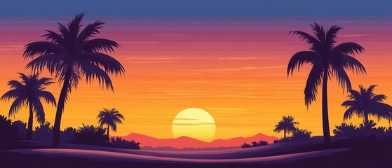 Experience the serenity of a sunset framed by silhouetted palm trees against an empty sky