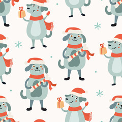 Seamless Christmas pattern with lovely dog wearing Santa hat with bone present. Perfect for holiday Xmas wrapping paper and textiles