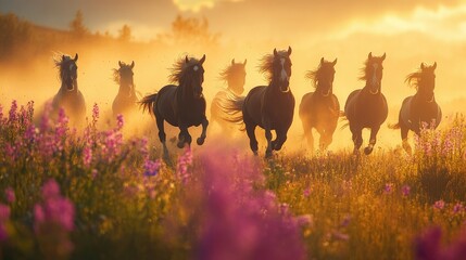 Fototapeta premium Vibrant shot of seven horses running through a meadow, with flowers and sunlight enhancing their powerful movement