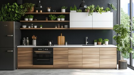 Fototapeta premium Modern Kitchen Interior with Wooden Cabinets, Black Appliances, and Lush Greenery