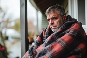 Fototapeta premium An elderly man wrapped in a plaid blanket sits with a serious demeanor on his porch, radiating a combination of contemplation, nostalgia, and rustic charm.