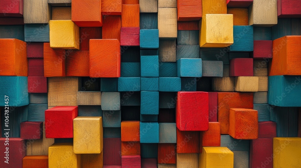 Aufkleber wooden blocks of various colors stacked in a symmetrical design, creating a balanced yet vibrant bac