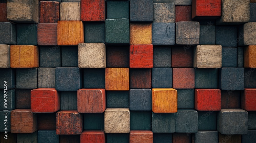Poster Wooden blocks of various colors stacked in a symmetrical design, creating a balanced yet vibrant background