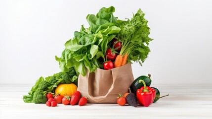 A canvas grocery bag overflows with colorful and fresh produce, showcasing a bountiful harvest against a plain backdrop.