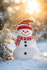 Cute snowman in heavy snow covered wild field at sunrise
